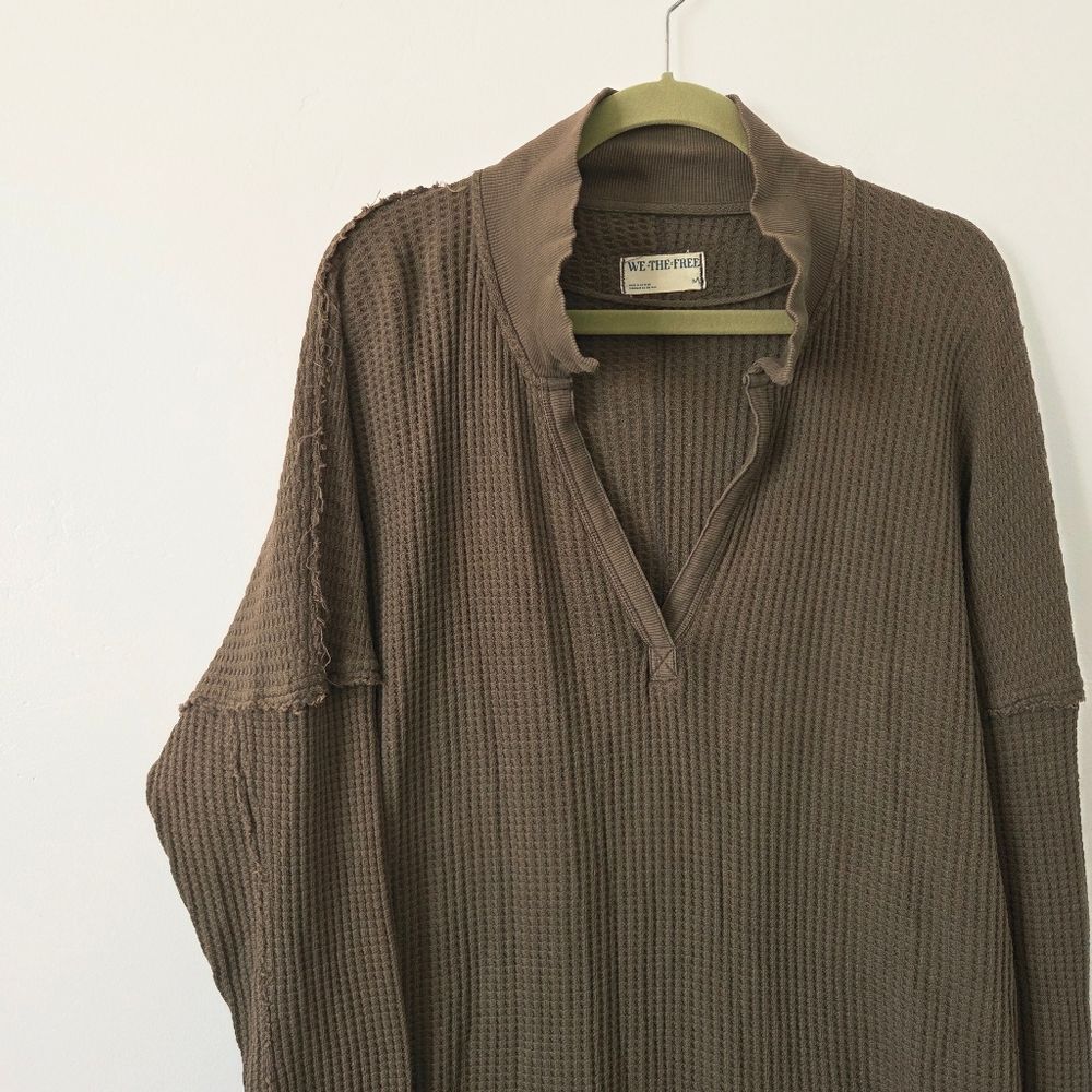 Free People Travis Tunic Polo Top Waffle Knit Thermal Green Oversized Lounge M - Picture 5 of 12